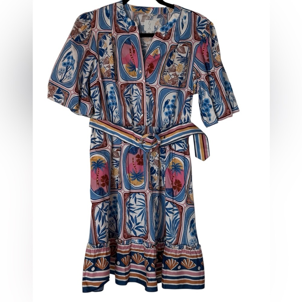 Joie Blue Multi-Color Printed Mini Dress with Striped Belt
